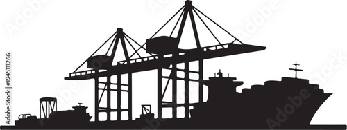 Black silhouette of cargo ship with cranes industrial