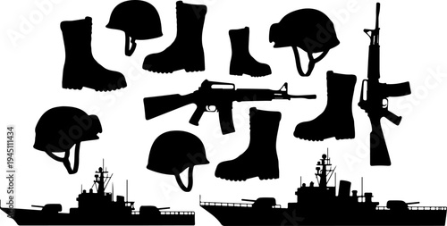 Military equipment including ships helmet boots and a rifle depicted in silhouette, force, silhouette, strategy, uniform, gear, helmet, rifle, security, soldier, army, boot, combat, defense, footwear,