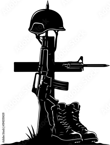  Set of Military Memorial Battlefield Cross with Rifle Helmet and Boots for Army