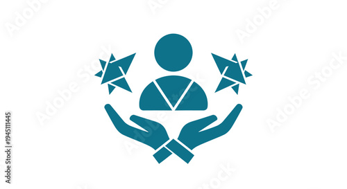 A teal human figure with open hands and stars on both sides representing a talented person reaching for success and achievement.