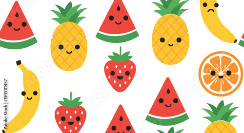 Cute Fruit Vector Pattern with Watermelon, Pineapple, Strawberry, Banana, and Orange Faces