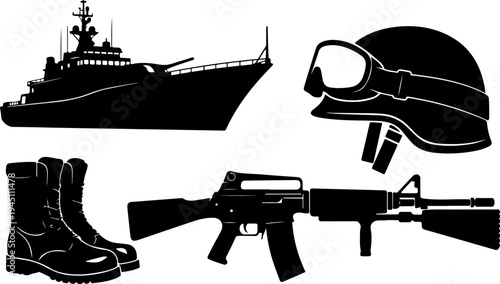 Military equipment including ships helmet boots and a rifle depicted in silhouette, force, silhouette, strategy, uniform, gear, helmet, rifle, security, soldier, army, boot, combat, defense, footwear,