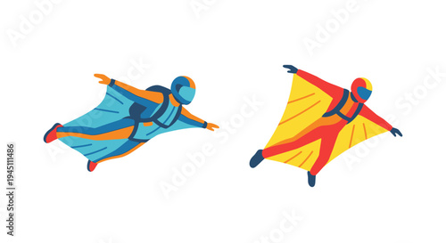 Two wingsuit flyers soaring through the air in colorful flight suits