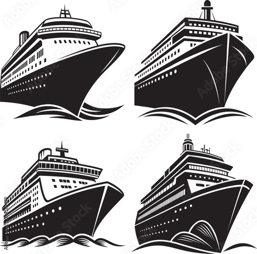 Four black and white cruise ships sailing on wavy ocean surfaces in style msea set waves