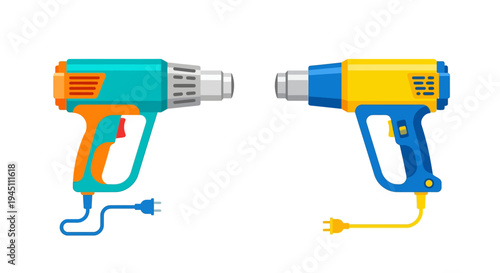 Two colorful heat guns are displayed side by side on a white background