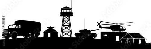 Military vehicles and structures including truck, helicopter, tank, watchtower, and tent in black silhouette design