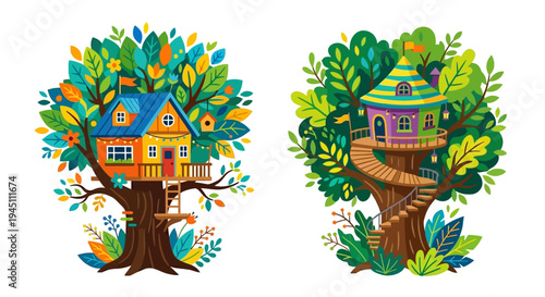 Whimsical treehouses nestled amongst lush green foliage and vibrant flowers