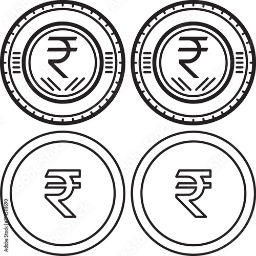 Four black and white indian rupee coins with detailed msea set currency rupee symbol