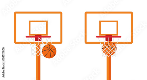 Two orange basketball hoops with nets and basketballs in motion