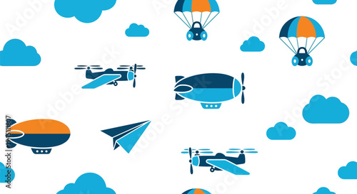 Seamless vector pattern with airships, airplanes, and clouds in blue and orange colors
