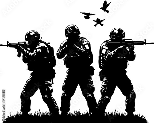Silhouette Illustration of Three Armed Soldiers Military Team Black and White Graphic