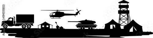 Military vehicles and structures including truck, helicopter, tank, watchtower, and tent in black silhouette design