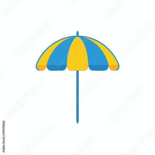 A blue and yellow beach umbrella with a pointy end on a white background