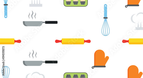 Seamless kitchen utensils vector pattern with rolling pin, whisk, pan, and oven mitt