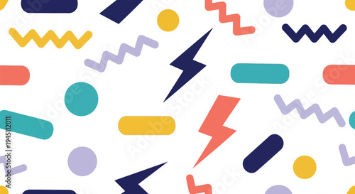 Colorful geometric vector pattern with abstract shapes and playful Memphis style elements