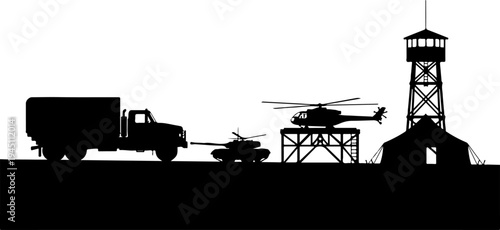 Military vehicles and structures including truck, helicopter, tank, watchtower, and tent in black silhouette design