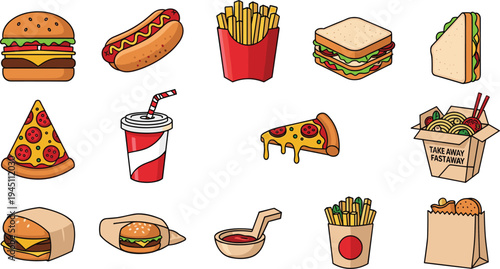 Fast Food Cartoon Icon Set with Burger Pizza Hot Dog Fries Sandwich Soft Drink Takeaway Box and Street Snack Collection