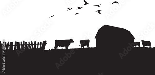 Black silhouette of cows and barn with flying birds