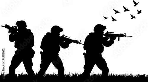 Silhouette Illustration of Three Armed Soldiers Military Team Black and White Graphic