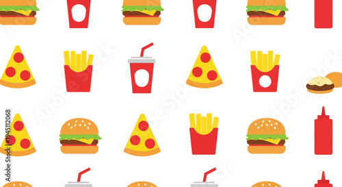 Fast food vector pattern with burgers, pizza, fries, and soda in seamless flat style