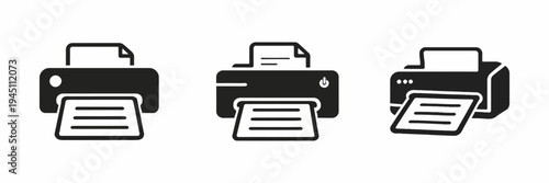 Set of three printer icons with paper emerging from the top