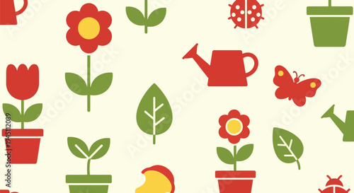 Seamless garden vector pattern with flowers, leaves, pots, and watering cans in flat style