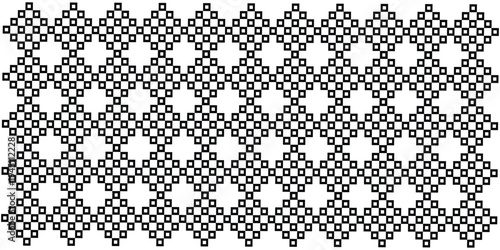 Black geometric diamond lattice pattern with small circular links. Abstract repeating grid background with minimal line design. Seamless modern texture for wallpaper, textile, and surface decoration. 