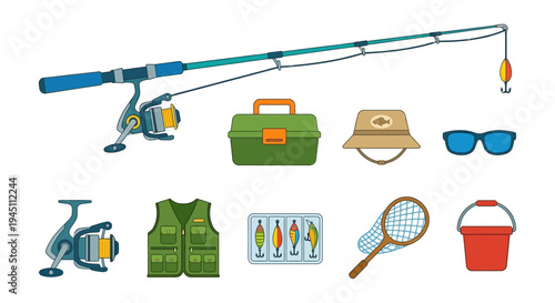 Fishing gear collection including rods reels tackle and protective wear