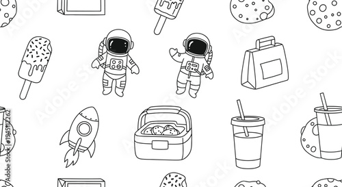 Space Astronaut Vector Pattern with Food and Drink Elements for Kids Seamless Design