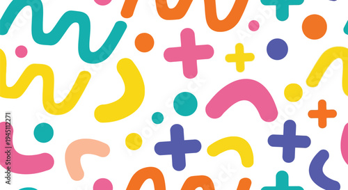 Colorful Abstract Geometric Vector Pattern with Playful Shapes on White Background