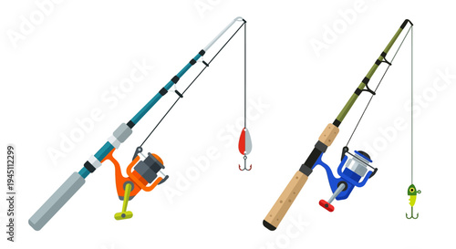 Two colorful fishing rods with lines and lures are displayed