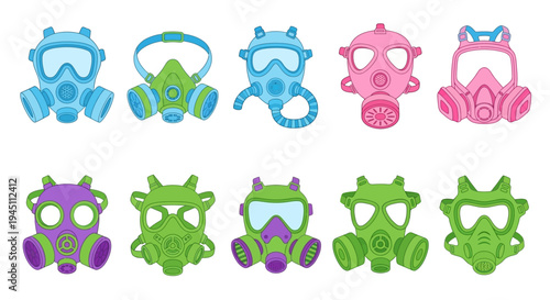 Collection of colorful gas masks in various styles and designs