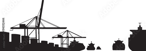 Black silhouette of cranes and ships white background