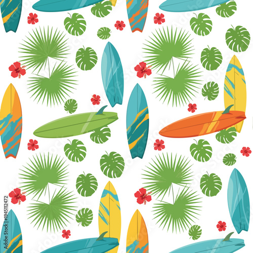 Colorful surfboards, hibiscus flowers, and tropical leaves adorn a white background