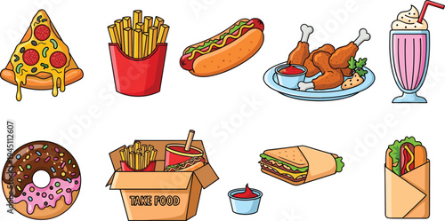 Fast Food Meal Illustration Set with Pizza Fries Hot Dog Fried Chicken Donut Milkshake Sandwich Wrap and Takeaway Restaurant Snacks