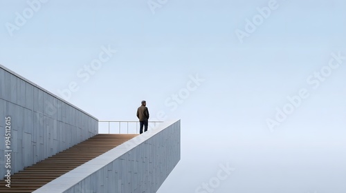 A solitary figure stands on a modern architectural staircase against a clear blue sky