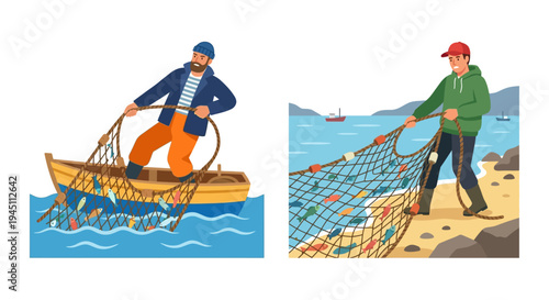 Two fishermen hauling nets filled with colorful fish from the sea