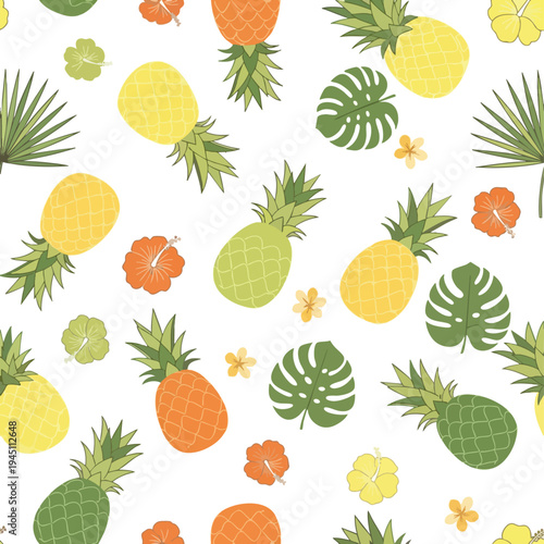 A repeating pattern of colorful pineapples, hibiscus flowers, and tropical leaves