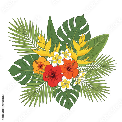 Vibrant tropical floral arrangement with exotic leaves and bold blooms