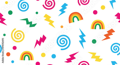 Colorful geometric vector pattern with rainbows, lightning bolts, and swirls on white background