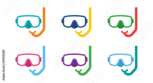 Colorful snorkel and mask sets arranged in a grid pattern