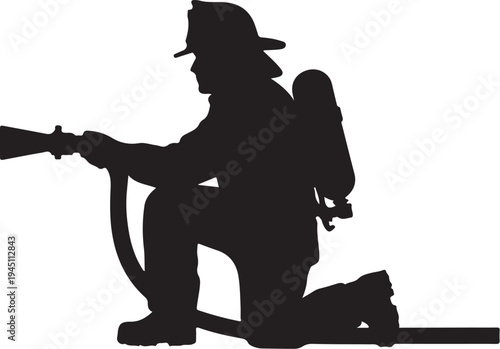 Black silhouette of firefighter kneeling with hose