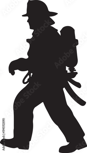 Black silhouette of firefighter walking with oxygen tank