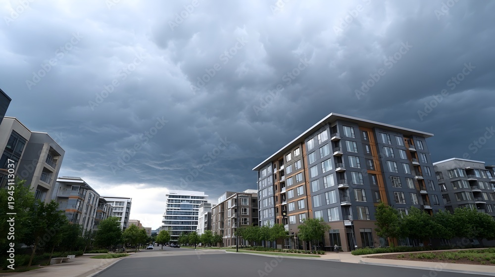 Fototapeta premium Modern apartment buildings beneath a dramatic dark and stormy sky