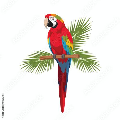 Vibrant scarlet macaw perched on a branch with palm fronds