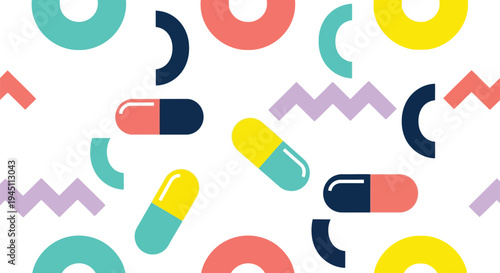 Colorful geometric vector pattern with abstract shapes and capsule elements on white background