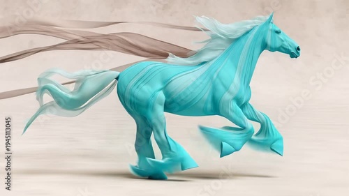 A blue horse runs swiftly across a sandy desert landscape with flowing mane.