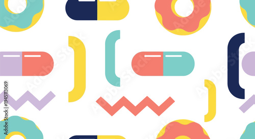 Colorful Abstract Geometric Vector Pattern with Pills and Shapes on White Background
