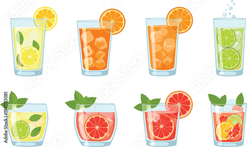 Fresh Citrus Fruit Drink Glass Icon Set Featuring Lemon, Orange, Lime and Grapefruit Juice Beverages with Ice Cubes for Summer Refreshment Design