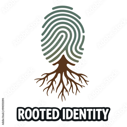 Creative illustration of a fingerprint forming a tree with roots symbolizing deep connection and identity concept